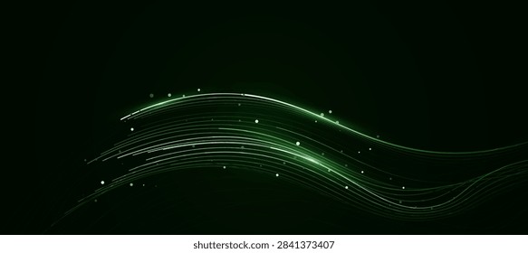 Abstract Digital Data Flow with Green Glowing Neon Waves on Black Background