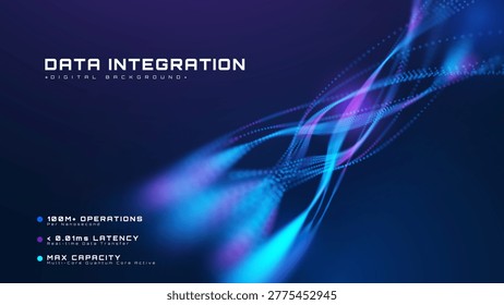 Abstract digital data integration background with blue glow wave. Future science poster and fast internet stream line.