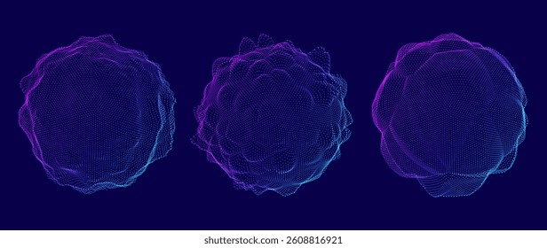 Abstract Digital Data Spheres Vector Set. Futuristic Tech Concept with Neural Network, AI Brain, Sound Visualization, or Science Particle Elements. Dynamic 3D Waveform Shapes Vector Illustration.