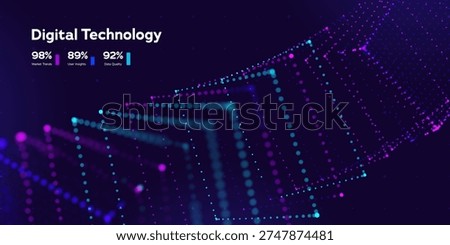 Abstract Digital Data Structure With Neon Particle Cube And Connected Points Showing AI Network, Big Data Processing And Modern Technology Innovation. Digital Technologies Concept. Vector Illustration