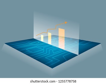 abstract digital data technology science futuristic design background, network go to growth chart graph, white line with blue background, vector art and illustration.