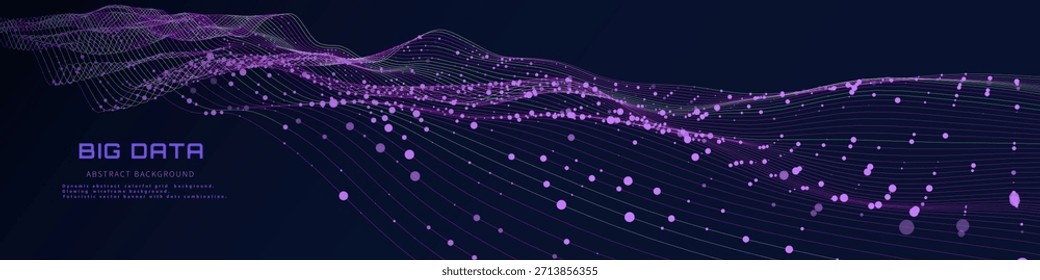 Abstract digital data from wavy lines stream with dots quantum computing in dark cyberspace. Tech information transmission. Big data light flow.