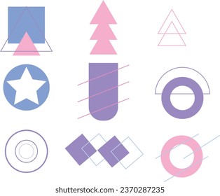 Resumen de elementos de diseño digital con formas geométricas e ilustraciones de líneas.