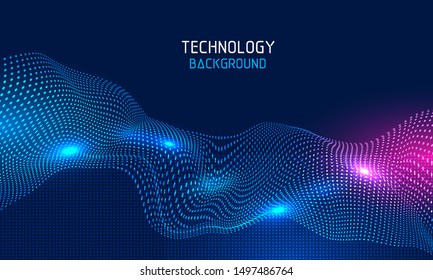 Abstract digital design with flowing particles. Modern technology landscape  background.Vector illustration