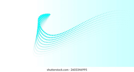 Abstract digital design with flowing turquoise dots forming a dynamic wave pattern on a light gradient background.