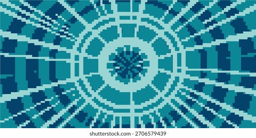 Abstract digital design in shades of blue with radial lines and a pixelated circular pattern