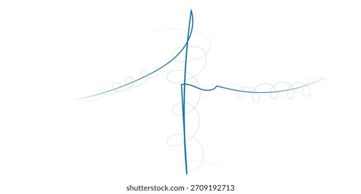 Eine abstrakte digitale Zeichnung einer fließenden, kalligraphischen blauen Linie, die eine kreuzförmige Form mit dekorativen Spiralen auf sauberem, weißem Hintergrund bildet.
