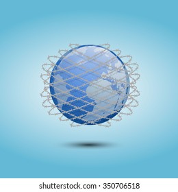 Abstract digital earth illustration wrapped in barbed wire. EPS 10