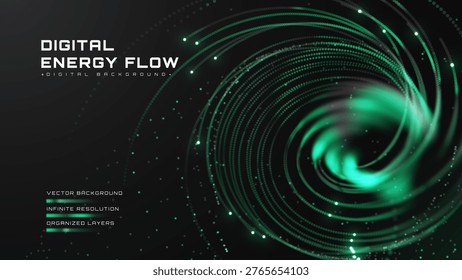 Abstract digital energy flow background with glowing neon particles and swirl lines with futuristic technology network connection, green vortex and light dots. Vector illustration.