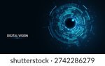 Abstract digital eye. Computer vision AI concept, big data visualization, neural network technology. Futuristic biometric background for cybersecurity, innovation. High-tech design vector illustration