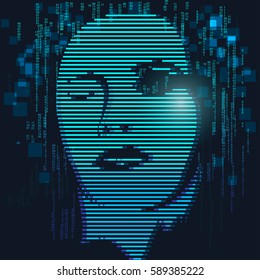 abstract digital female face, virtual and futuristic backdrop,
