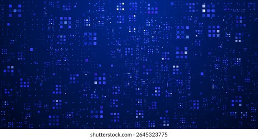 Fundo abstrato da finança digital com cubos brilhantes e código binário em uma matriz azul. Perfeito para fintech, criptomoeda, e apresentações blockchain ou banners.