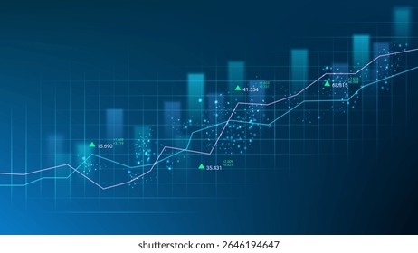 Abstract digital financial chart with line and bar graphs, glowing effects, and data points. Perfect for fintech, analytics, stock market, investment, and economic presentations.