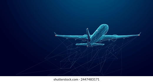 Abstract digital flight plane. The aircraft flies away into distance. Geometric polygonal airplane in the night sky. Airline technology background. Travel and Vacation concept. 3D Vector illustration.