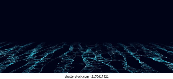 Abstract digital flow particles. Cyber network connection background. Big data visualization. Vector technology black backdrop.