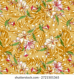 Abstraktes digitales Blumendesign mit lebendigen Blütenblättern, fließenden Formen und künstlerischem Stil, ideal für Stoffdruck, Modetextilien, Tapeten und nahtlose Oberflächenmuster.