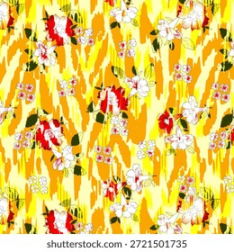 Abstract digital flower design featuring vibrant colors and flowing shapes, ideal for fabric printing, fashion textiles, wallpapers, and seamless surface patterns worldwide use.