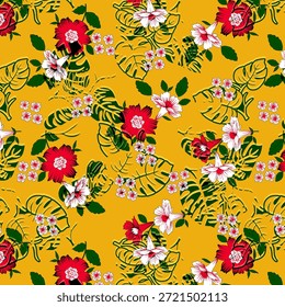 Abstraktes digitales Blumendesign mit lebendigen Farben und fließenden Formen, ideal für Stoffdruck, Modetextilien, Tapeten und nahtlose Oberflächenmuster weltweit.