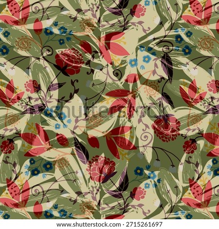 Abstract digital flower design with vibrant colors and modern shapes, seamless artistic pattern ideal for fabric printing, fashion textiles, home decor, and creative surface design.