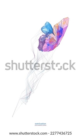 Abstract digital flying butterfly illustration for vertical mobile screen wallpaper. Butterfly take off moment in polygons, lines and colorful shapes. Low Poly Wireframe vivid vector illustration.