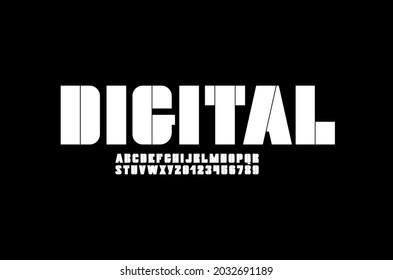 Abstract digital font, modern technology alphabet, future creative stencil white letters and numbers, vector illustration 10eps Typography