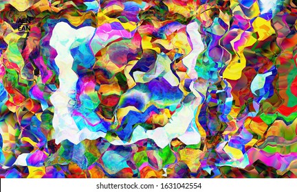 Abstract digital frame artistic vector texture. Multicolored wavy pattern overlapping gradient  filtered shapes. Vibrant light effect stained glass window or cubism art painting. Book cover template.