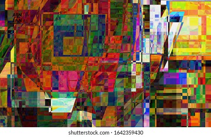 Abstract digital frame artistic vector texture. Multicolored wavy pattern overlapping gradient  filtered shapes. Vibrant light effect stained glass window or cubism art painting. Book cover template.