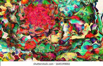 Textura vectorial artística de cuadro digital abstracta.Patrón ondulado multicolor que se solapa con formas filtradas degradadas. Vibrante efecto luz vidriera o pintura arte cubismo. Plantilla de portada del libro.