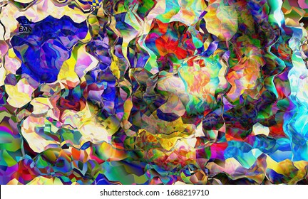 Abstract digital frame artistic vector texture. Multicolored wavy pattern overlapping gradient  filtered shapes. Vibrant light effect stained glass window or cubism art painting. Book cover template.