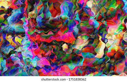 Abstract digital frame artistic vector texture. Multicolored wavy pattern overlapping gradient  filtered shapes. Vibrant light effect stained glass window or cubism art painting. Book cover template.