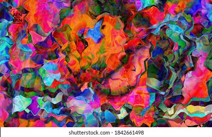 Abstract digital frame artistic vector texture. Multicolored wavy pattern overlapping gradient  filtered shapes. Vibrant light effect stained glass window or cubism art painting. Book cover template.