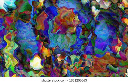 Abstract digital frame artistic vector texture. Multicolored wavy pattern overlapping gradient  filtered shapes. Vibrant light effect stained glass window or cubism art painting. Book cover template.