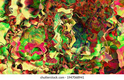 Resumen de textura vectorial artística del marco digital. Patrón ondulado multicolor que se solapa con las formas filtradas de gradiente. Vibrante efecto de luz vidriera o pintura de arte cubismo. Plantilla de portada del libro.