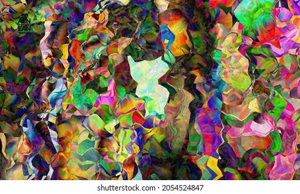 Resumen de textura vectorial artística del marco digital. Patrón ondulado multicolor que se solapa con las formas filtradas de gradiente. Vibrante efecto de luz vidriera o pintura de arte cubismo. Plantilla de portada del libro.