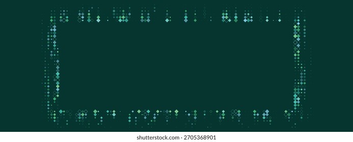 Abstrakter digitaler Rahmen mit verstreuten blauen und grünen Diamantformen auf dunklem Teal-Hintergrund, modernes geometrisches Design-Element für Präsentationen und Web