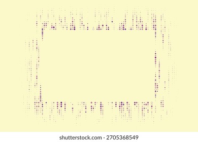 Marco digital Abstractas con puntos y hexágonos rosas y púrpuras dispersos sobre un fondo amarillo suave, diseño de borde geométrico moderno para conceptos de tecnología y datos.