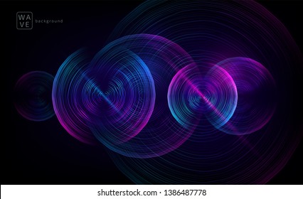 Abstract digital future wave lines vector background in circle shape. Tech music sound concept. Electronic light rounds illustration on black backdrop.
