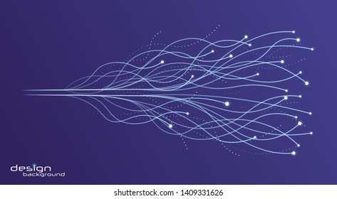 Abstract digital future wave lines vector background in circle shape.Neural networks design, AI concept. Vector connecting particle tails. Small particles strive to each other. 