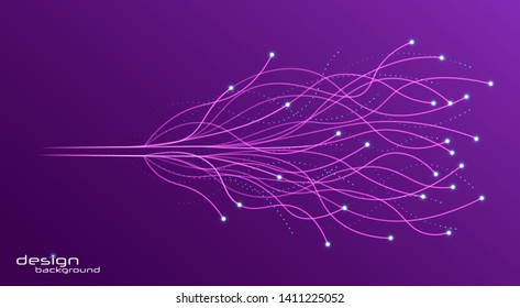 Abstract digital future wave lines vector background in circle shape.Neural networks design, AI concept. Vector connecting particle tails. Small particles strive to each other. 