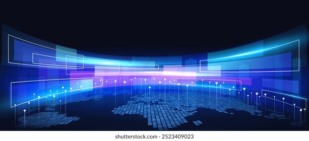 Abstractas fondo futurista digital de conexiones de red, transferencia de big data. Tecnologías innovadoras del futuro, conexión a Internet. Mapa del mundo con líneas de luz y puntos.