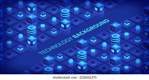 Abstract digital geometric tech elements. Digital data concept with energy glowing elements composition. Engineering and innovations design. Vector isometric shapes trendy background.
