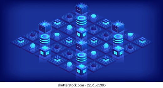 Abstract digital geometric tech elements. Digital data concept with energy glowing elements composition. Engineering and innovations design. Vector isometric shapes trendy background.