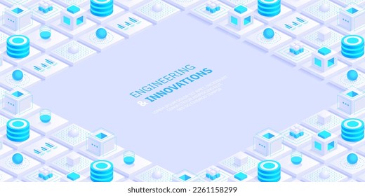 Abstract digital geometric tech elements. Digital data concept with energy glowing elements composition. Engineering and innovations design. Vector isometric shapes trendy background.