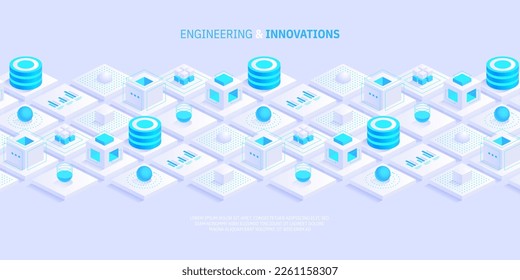 Abstract digital geometric tech elements. Digital data concept with energy glowing elements composition. Engineering and innovations design. Vector isometric shapes trendy background.