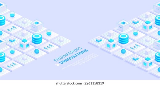Abstract digital geometric tech elements. Digital data concept with energy glowing elements composition. Engineering and innovations design. Vector isometric shapes trendy background.