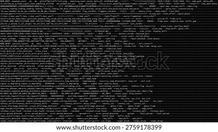 Abstract digital glitch background with computer code and system error text. Matrix style data stream with technical failure reports and corrupted information flow for cyber concept.