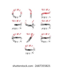 Abstract Digital Glitch Numbers Set. Vector Typography of Explosive Radial Lines in Black and Red for Speed, Technology, and Cyber Design