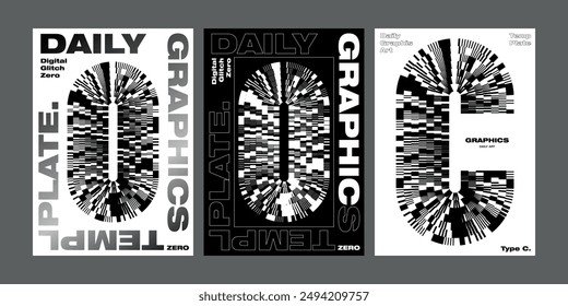 Abstract digital glitch pattern poster design template set type C zero distorted artwork broken pixel effect square pattern round layout typography Irregular unique trendy flyer printing monochrome