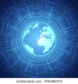 Abstract Digital Global Background, smart lens technology, blue circle circuit board pattern, power line