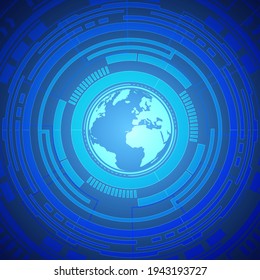 Resumen Fondo global digital, tecnología de lente inteligente, patrón de placa de circuito azul, línea de alimentación